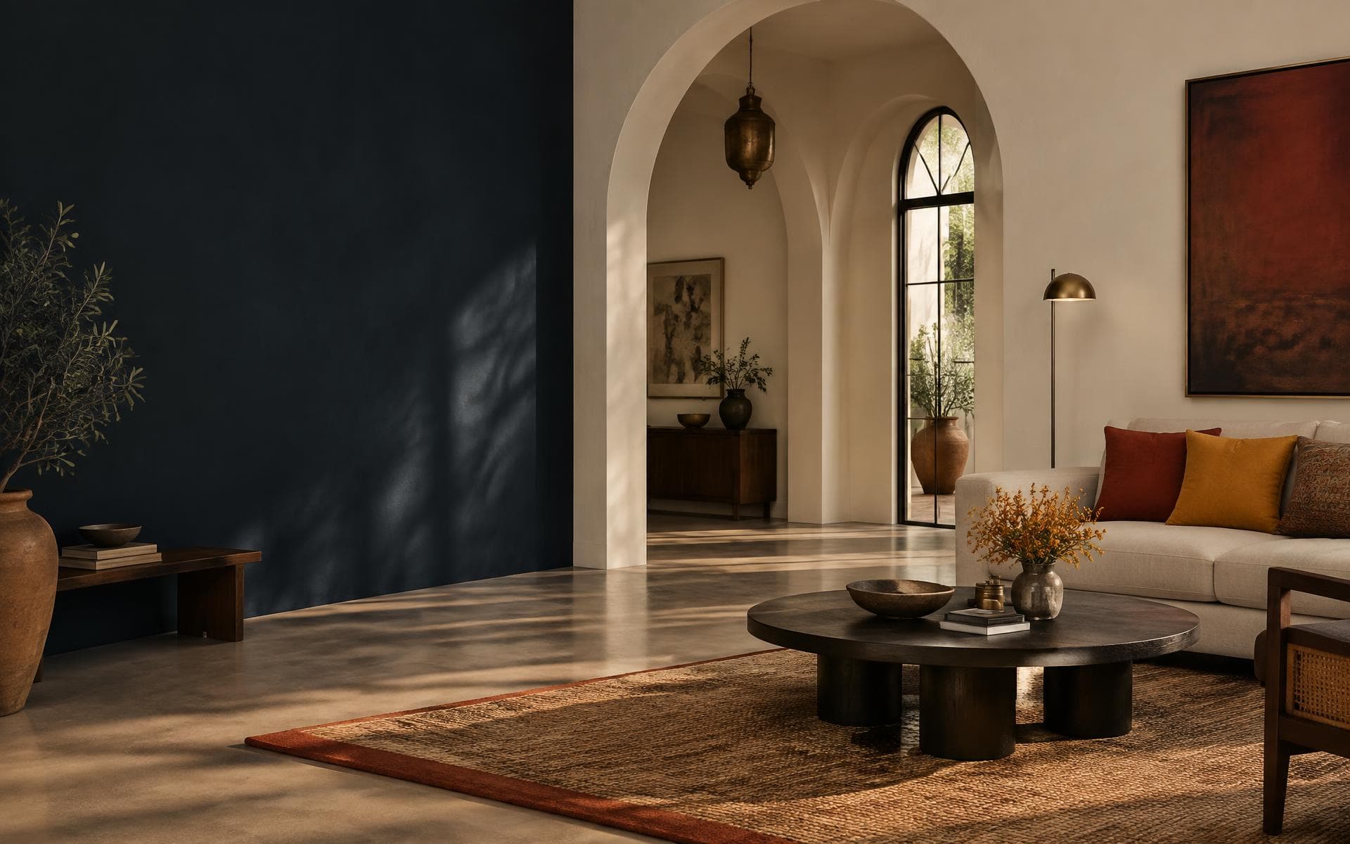 Contemporary living room with navy and warm ivory painted walls
